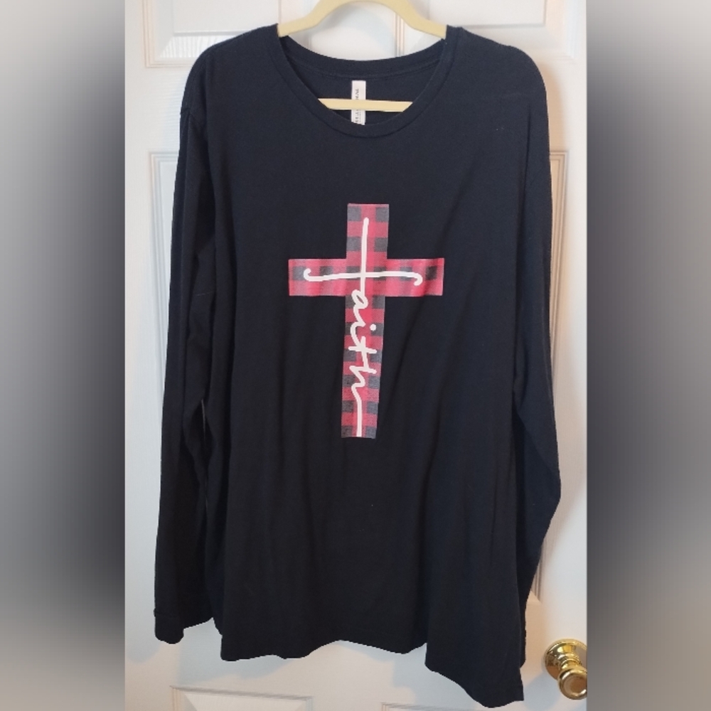 Bella Canvas Black Long Sleeve T-Shirt with Red Plaid Cross